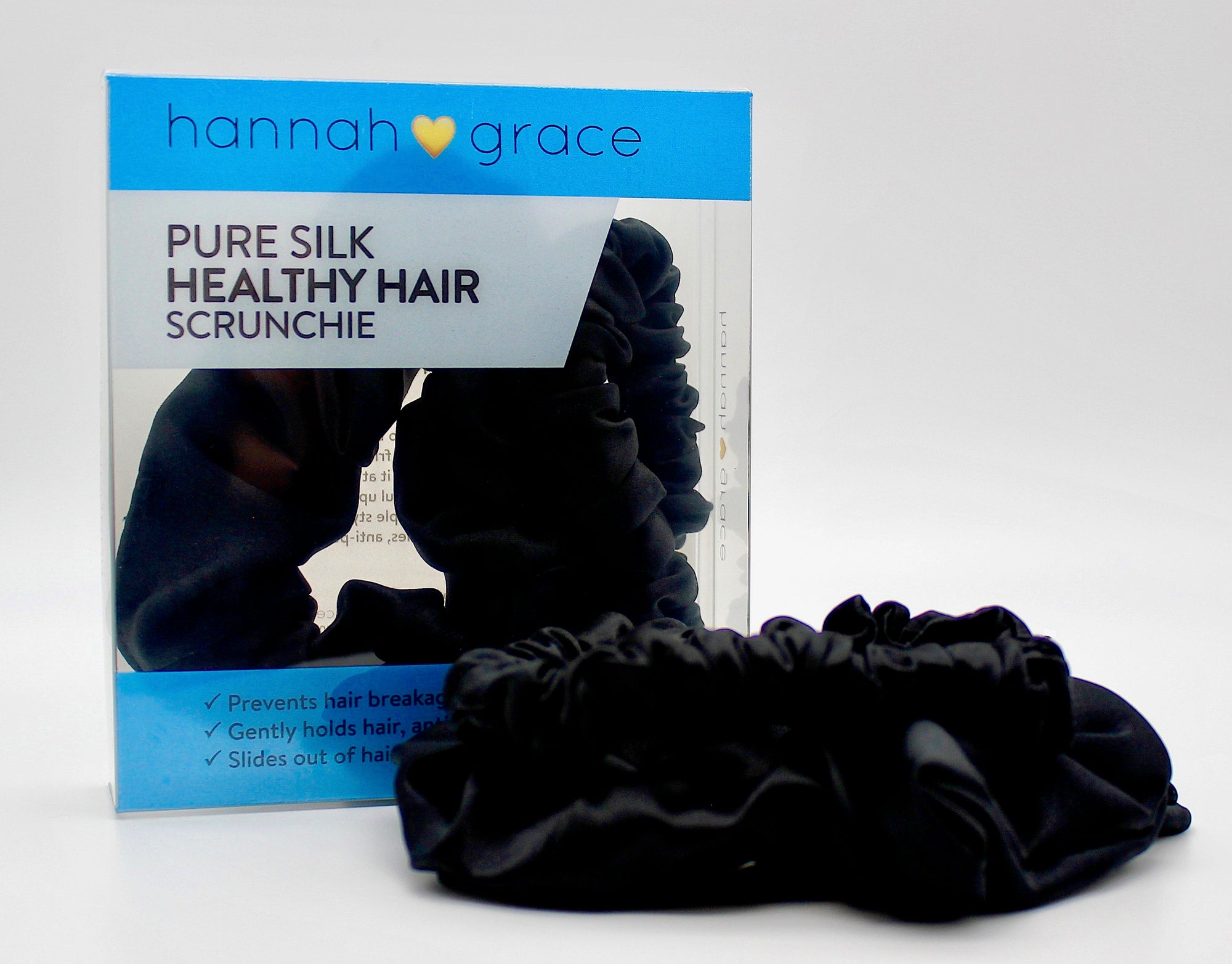 Pure Silk Scrunchie Pack - 1 thick 1 thin - Holds hair without damage, no snags, anti-pulling (Black