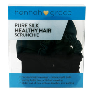 Pure Silk Scrunchie Pack - 1 thick 1 thin - Holds hair without damage, no snags, anti-pulling (Black